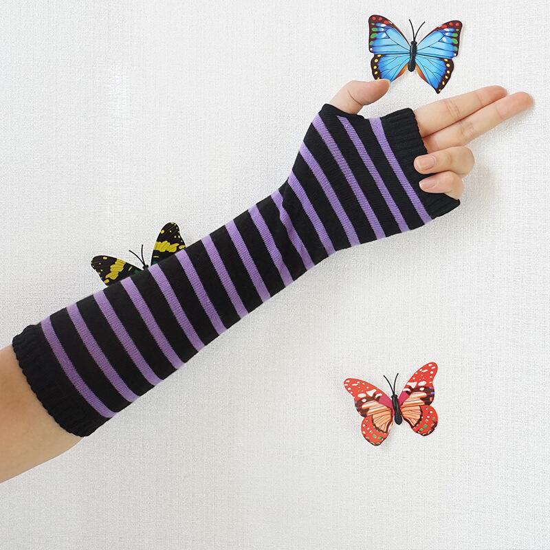 Rainbow Striped Sleeve Gloves Cotton Warmth Black purple 
