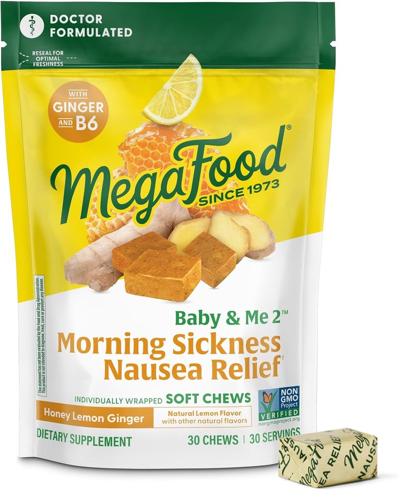 MegaFood ميغا فود بيبي & مي 2 تخفيف غثيان الصباح للحامل مضغ ناعم - نكهة العسل والليمون والزنجبيل - 30 مضغة - Image 1
