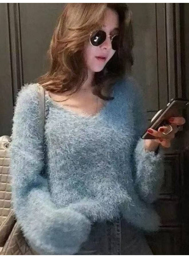 Leyuan Autumn And Winter Faux Mink Fleece Short Loose Knitted Long Sleeve Women's Pullover Sweater - Image 5