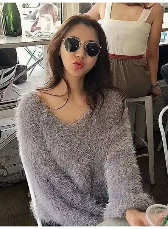 Leyuan Autumn And Winter Faux Mink Fleece Short Loose Knitted Long Sleeve Women's Pullover Sweater - Image 3