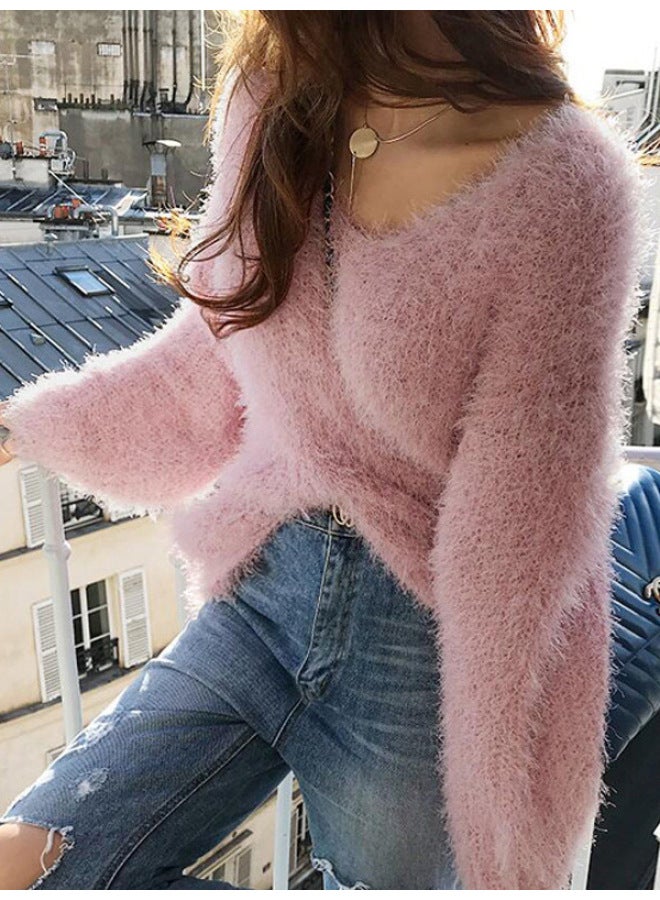 Leyuan Autumn And Winter Faux Mink Fleece Short Loose Knitted Long Sleeve Women's Pullover Sweater - Image 4