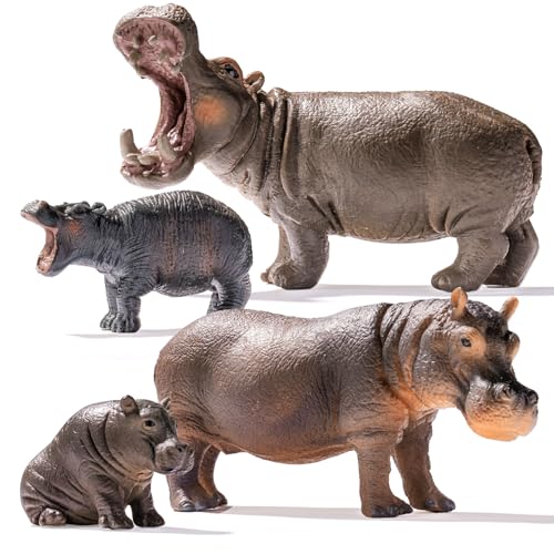 THINKBAY 4PCS Hippo Safari Zoo Animals Figurines Toys Plastic Animals Figures Toy for Kids Includes Solid Hippopotamus and Cubs Birthday Gift Party Favors Cake Toppers for Boys Girls - Image 1