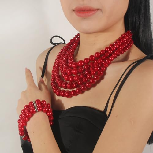 KOSMOS-LI Multi Layer Pearl Strand Necklace Bracelet And Earring Faux Red Pearl Jewelry Set For Women - Image 2