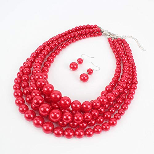 KOSMOS-LI Multi Layer Pearl Strand Necklace Bracelet And Earring Faux Red Pearl Jewelry Set For Women - Image 4