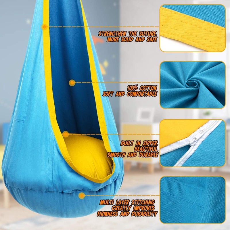 Y- STOP Y-STOP Kids Pod Swing Seat, Hanging Hammock Chair with Inflatable Pillow, Sensory Swing Chair with Pocket for Indoor and Outdoor (Blue Yellow) - Image 3