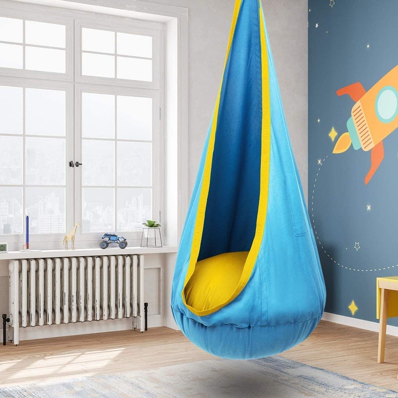 Y- STOP Y-STOP Kids Pod Swing Seat, Hanging Hammock Chair with Inflatable Pillow, Sensory Swing Chair with Pocket for Indoor and Outdoor (Blue Yellow) - Image 2
