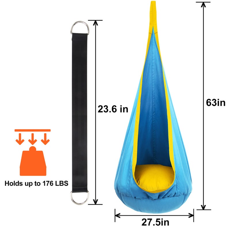 Y- STOP Y-STOP Kids Pod Swing Seat, Hanging Hammock Chair with Inflatable Pillow, Sensory Swing Chair with Pocket for Indoor and Outdoor (Blue Yellow) - Image 5