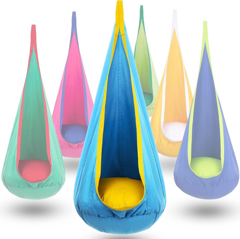 Y- STOP Y-STOP Kids Pod Swing Seat, Hanging Hammock Chair with Inflatable Pillow, Sensory Swing Chair with Pocket for Indoor and Outdoor (Blue Yellow) - Image 1