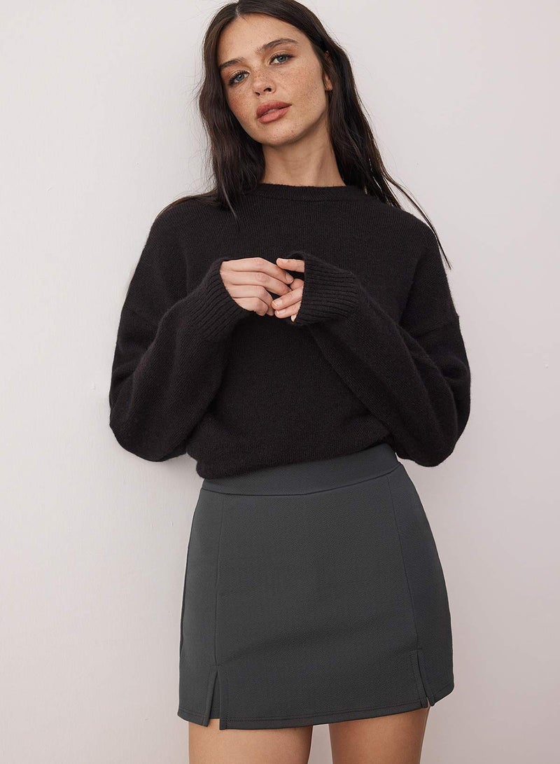trendyol Anthracite Slit ALine/Bell Opening Flexible Knitted Mini Short Skirt - Image 5