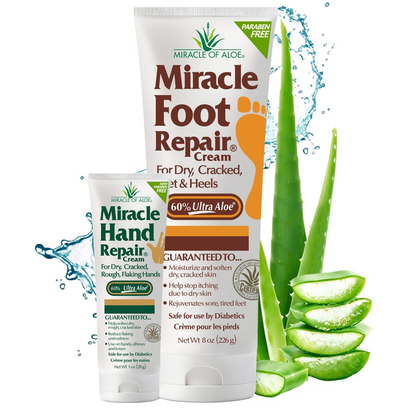 Miracle of Aloe كريم إصلاح القدم المعجزة، 8 أوقية + 1 أوقية إصلاح اليد المعجزة، لوشنات الألوة فيرا الشافية للأيدي والقدمين الجافة والمتشققة (8 أوقية كريم القدم + 1 أوقية كريم اليد) - Image 1