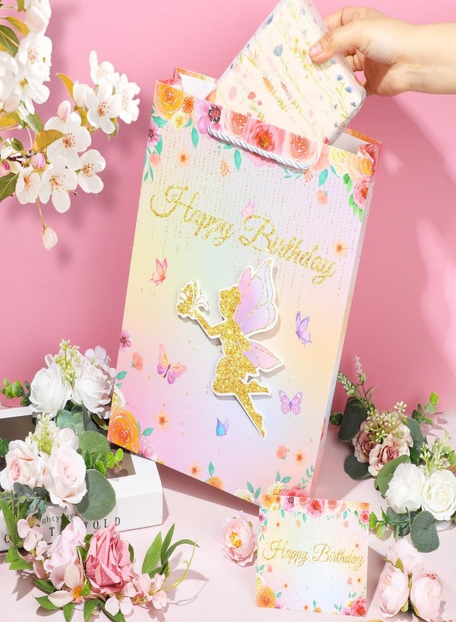 Yoirrat 3D Floral Fairy Gift Bag for Girls - Pink Butterfly Flower Happy Birthday Bag with Wrapping Paper and Card for Baby Shower Decorations - Image 2