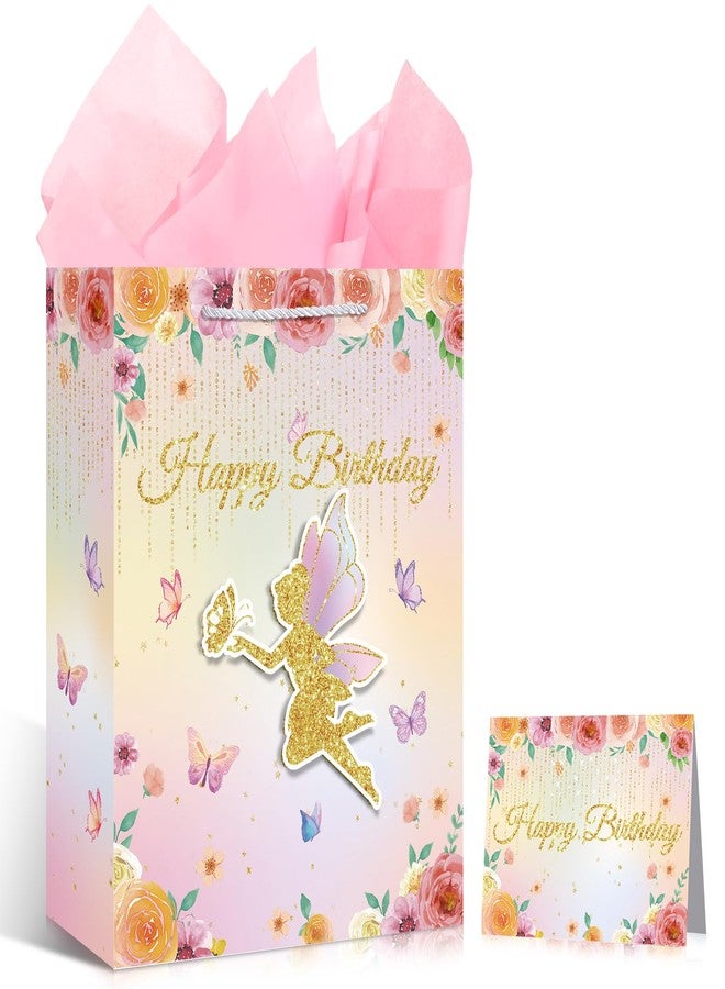 Yoirrat 3D Floral Fairy Gift Bag for Girls - Pink Butterfly Flower Happy Birthday Bag with Wrapping Paper and Card for Baby Shower Decorations - Image 1