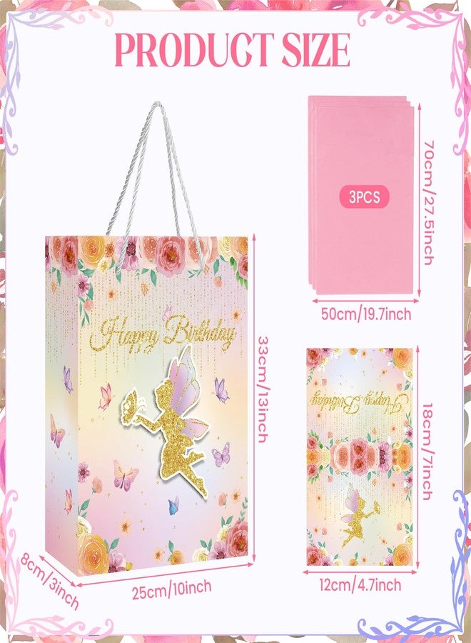 Yoirrat 3D Floral Fairy Gift Bag for Girls - Pink Butterfly Flower Happy Birthday Bag with Wrapping Paper and Card for Baby Shower Decorations - Image 3