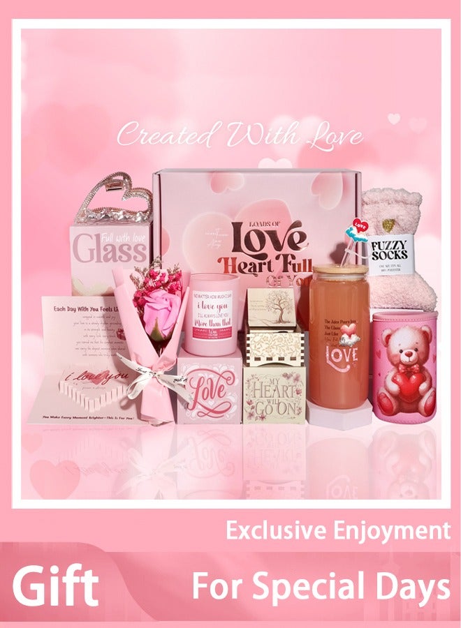 Arabest Romantic Anniversary Gift for Wife - Glass Cup, Music Box & Silk Flowers Wedding, Valentine's Day Gifts for Her - Elegant Gift Set with Socks & Hair Clip (Pink Theme)  - Image 1