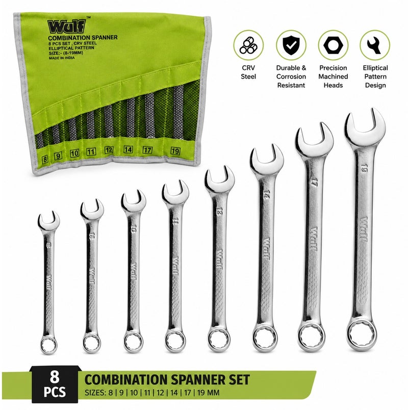 Wulf 8-Piece Combination Spanner Set CRV Steel Double Open End Wrench Kit 8mm to 19mm with Roll Up Storage Pouch for Automotive Mechanical Garage Household DIY Hand Tool Repairs - Image 3