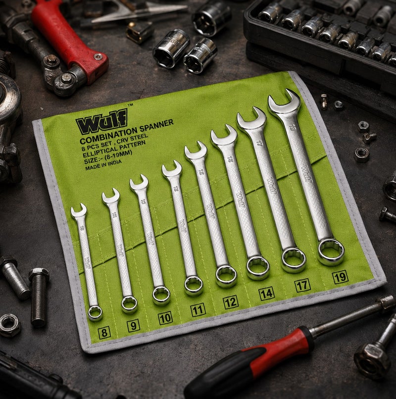 Wulf 8-Piece Combination Spanner Set CRV Steel Double Open End Wrench Kit 8mm to 19mm with Roll Up Storage Pouch for Automotive Mechanical Garage Household DIY Hand Tool Repairs - Image 2