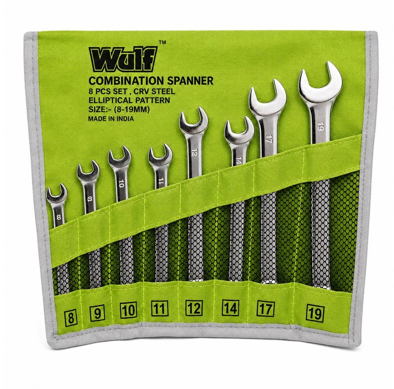 Wulf 8-Piece Combination Spanner Set CRV Steel Double Open End Wrench Kit 8mm to 19mm with Roll Up Storage Pouch for Automotive Mechanical Garage Household DIY Hand Tool Repairs - Image 1