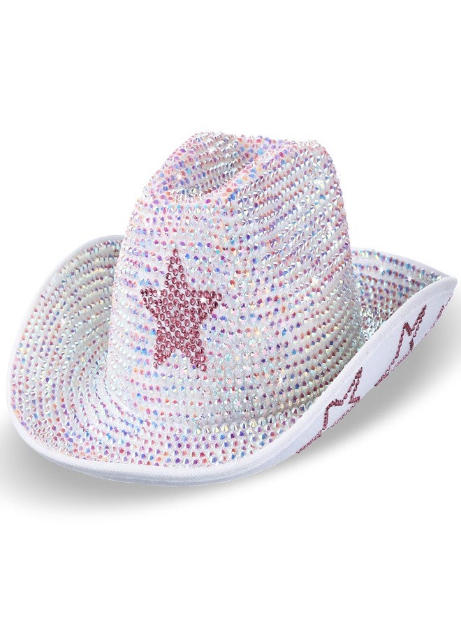 Tisancy Vintage Rhinestones Hat Glitter Western Cowboy Hat Wide Brim Cowgirl Hat for Cosplay Disco Parties and Costumes (Colored and Pink Star) - Image 1