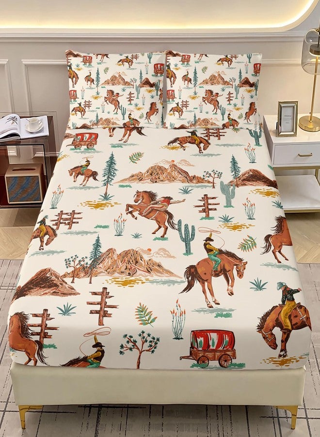 AILONEN Western Cowboy Fitted Sheet Set for Boys,Girls,3Pcs American Wild West Desert Hand Drawn Illustration Bedding Set Twin Size, Retro Farmhouse Style Bed Sheet Set,1 Sheet Set + 2 Pillowcase - Image 1