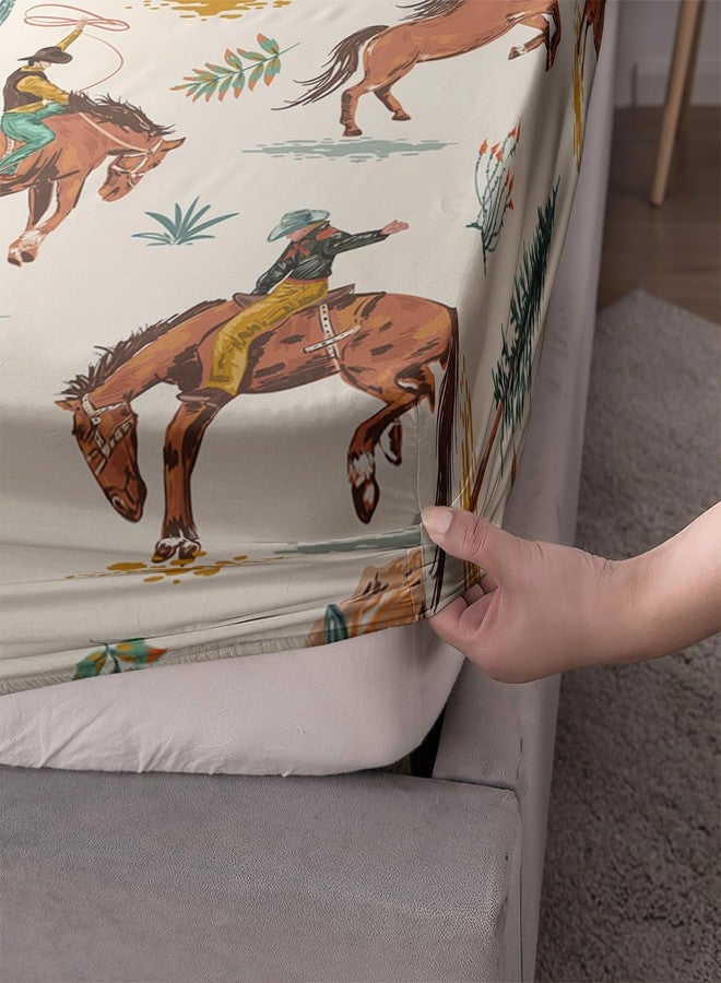 AILONEN Western Cowboy Fitted Sheet Set for Boys,Girls,3Pcs American Wild West Desert Hand Drawn Illustration Bedding Set Twin Size, Retro Farmhouse Style Bed Sheet Set,1 Sheet Set + 2 Pillowcase - Image 3