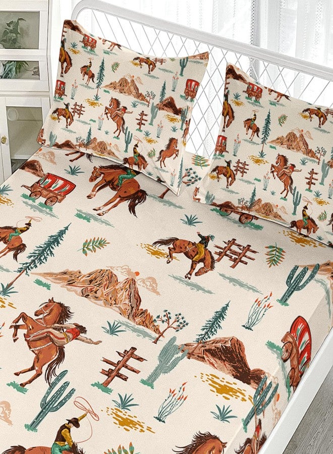 AILONEN Western Cowboy Fitted Sheet Set for Boys,Girls,3Pcs American Wild West Desert Hand Drawn Illustration Bedding Set Twin Size, Retro Farmhouse Style Bed Sheet Set,1 Sheet Set + 2 Pillowcase - Image 4