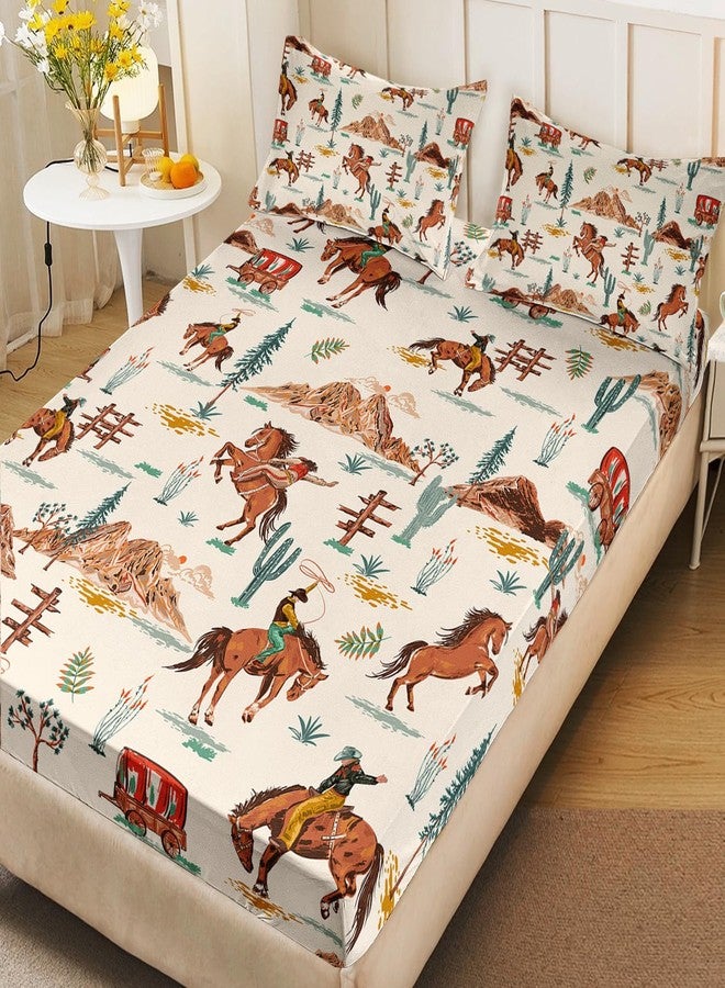 AILONEN Western Cowboy Fitted Sheet Set for Boys,Girls,3Pcs American Wild West Desert Hand Drawn Illustration Bedding Set Twin Size, Retro Farmhouse Style Bed Sheet Set,1 Sheet Set + 2 Pillowcase - Image 2