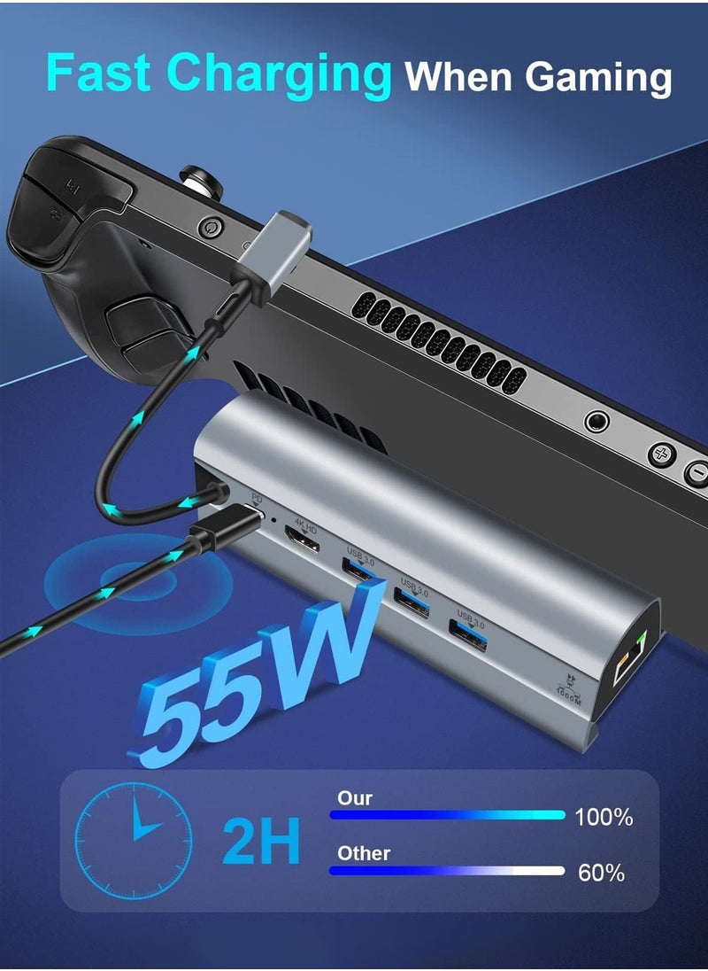 Docking Station Compatible with  6-in-1 Steam Deck Dock with HDMI 2.0 4K 60Hz, Gigabit Ethernet, 3 USB-A 3.0 and Full Speed Charging USB-C Port