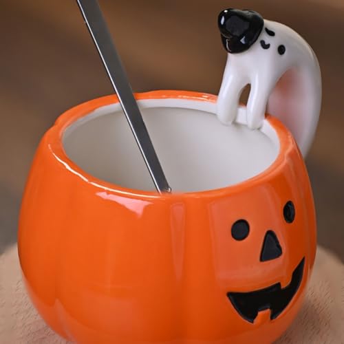 ZaH Halloween Pumpkin Mug Ceramic Cup Halloween Party Smile Pumpkin Ghost Handle Mugs, Orange Fall Mug 10oz (350ml) - Image 2