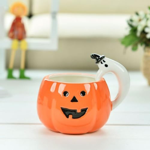 ZaH Halloween Pumpkin Mug Ceramic Cup Halloween Party Smile Pumpkin Ghost Handle Mugs, Orange Fall Mug 10oz (350ml) - Image 4