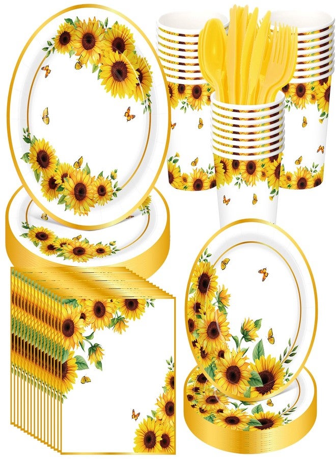 Funnymoom 400 Pcs Sunflower Party Supplies for 50 Guests Disposable Plates Napkins Cups Spoons Forks Knives for Birthday Wedding Bridal Shower Baby Shower Decorations(Yellow, Sunflower) - Image 1