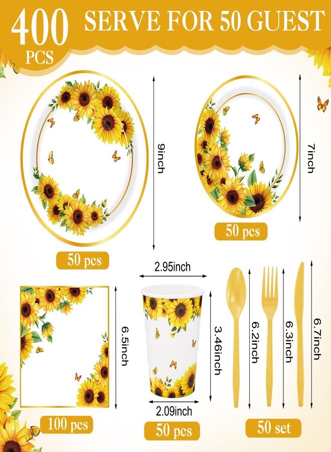 Funnymoom 400 Pcs Sunflower Party Supplies for 50 Guests Disposable Plates Napkins Cups Spoons Forks Knives for Birthday Wedding Bridal Shower Baby Shower Decorations(Yellow, Sunflower) - Image 2