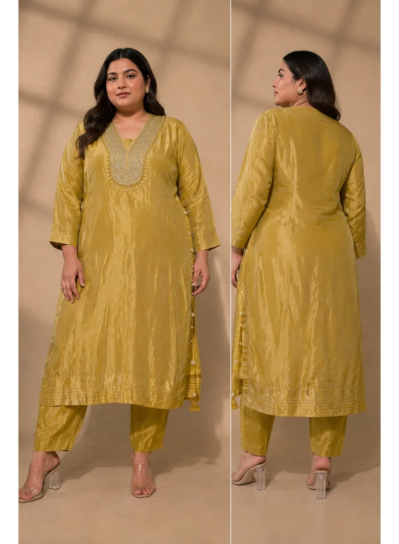 Lehar  Mustard Embroidered Straight Kurta with Cigarette Pants Set for Women | Best Price UAE