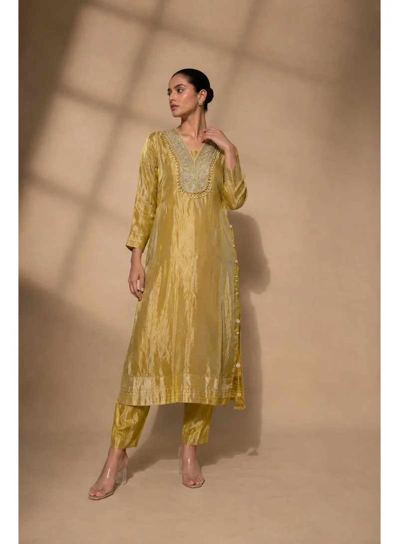 Lehar Mustard Embroidered Straight Kurta with Cigarette Pants Set