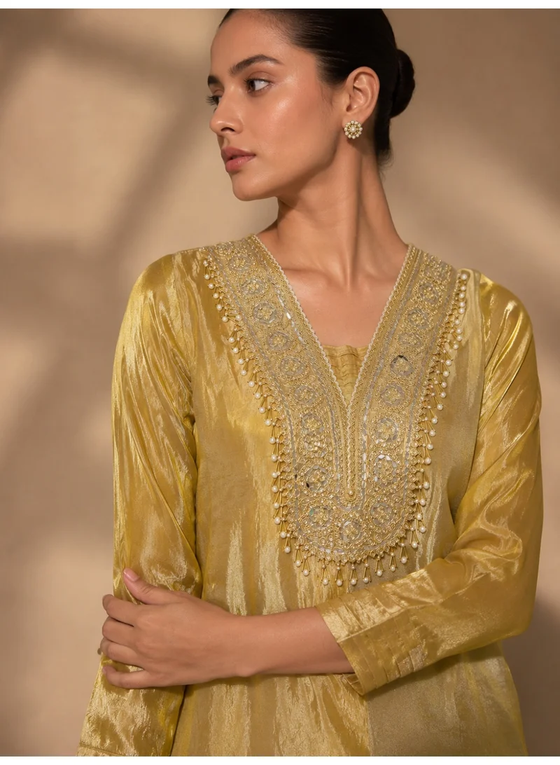 Lehar Mustard Embroidered Straight Kurta with Cigarette Pants Set