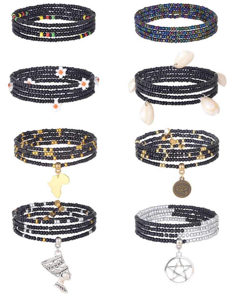 Tornito 8Pcs 31.5 Inches African Waist Bead Chain Elastic Belly Beads Butterfly Shell Layered Body Chain Colorful Jewelry Accessories for Women (B:8Pcs(Black)) - Image 1