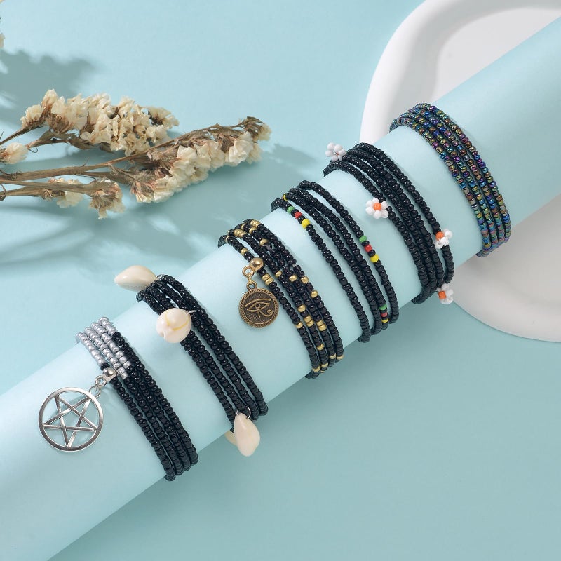 Tornito 8Pcs 31.5 Inches African Waist Bead Chain Elastic Belly Beads Butterfly Shell Layered Body Chain Colorful Jewelry Accessories for Women (B:8Pcs(Black)) - Image 2