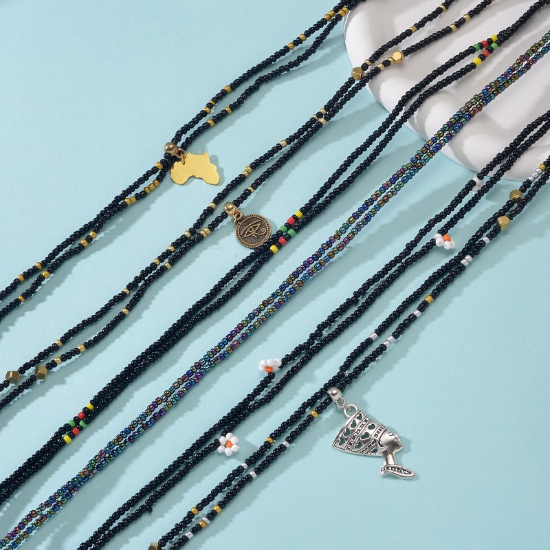 Tornito 8Pcs 31.5 Inches African Waist Bead Chain Elastic Belly Beads Butterfly Shell Layered Body Chain Colorful Jewelry Accessories for Women (B:8Pcs(Black)) - Image 3