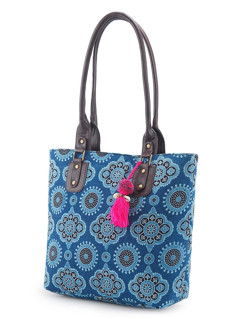 NEPRI Vegan Leather Handmade Bag For Women | Pouch Tote Bag | Printed Ajrakh - Fresco Indigo | Set Of 2 - Image 2