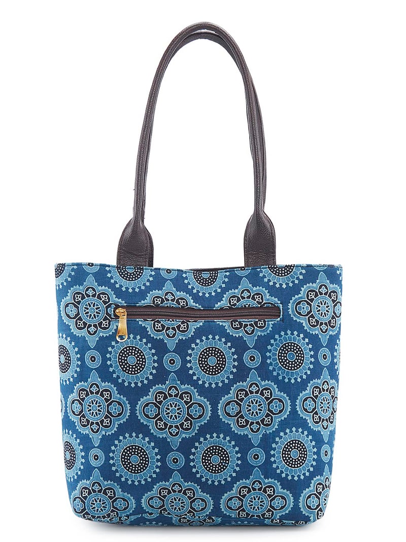 NEPRI Vegan Leather Handmade Bag For Women | Pouch Tote Bag | Printed Ajrakh - Fresco Indigo | Set Of 2 - Image 3