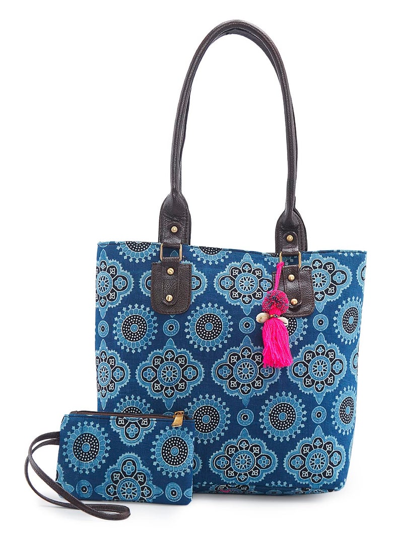 NEPRI Vegan Leather Handmade Bag For Women | Pouch Tote Bag | Printed Ajrakh - Fresco Indigo | Set Of 2 - Image 1