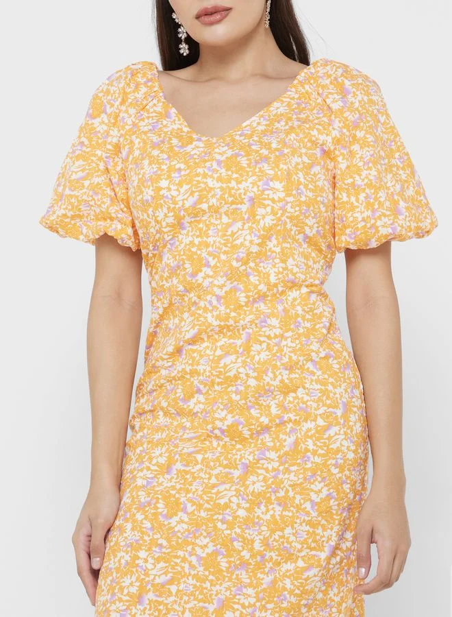 YAS Floral Ruched Midi Dress