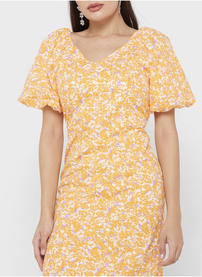 YAS - Balloon Sleeve Floral Print Dress - Image 1