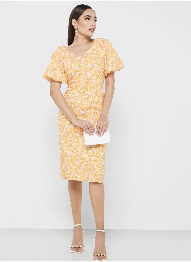 YAS Balloon Sleeve Floral Print Dress