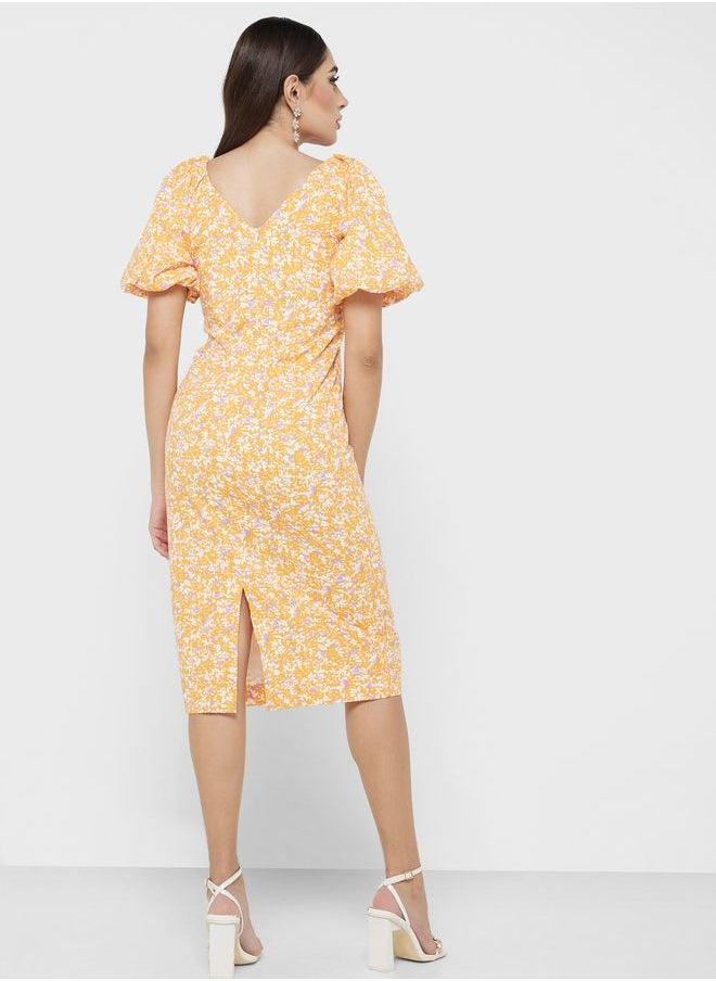 YAS - Balloon Sleeve Floral Print Dress - Image 1