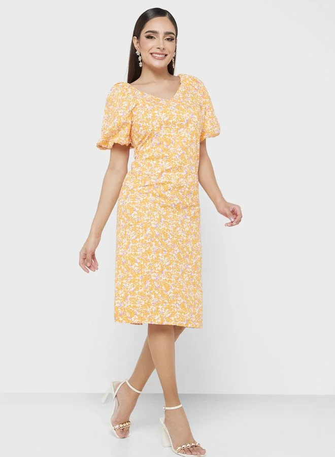 YAS Floral Ruched Midi Dress
