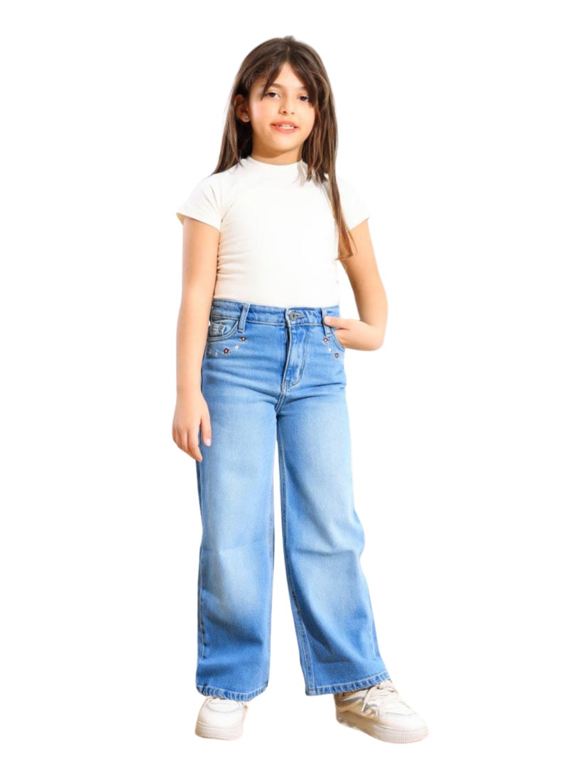 JBS DENIM Girls' light blue embroidered wide leg jeans  - Image 1