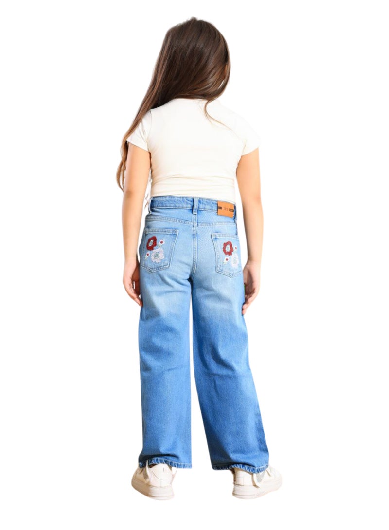 JBS DENIM Girls' light blue embroidered wide leg jeans  - Image 3