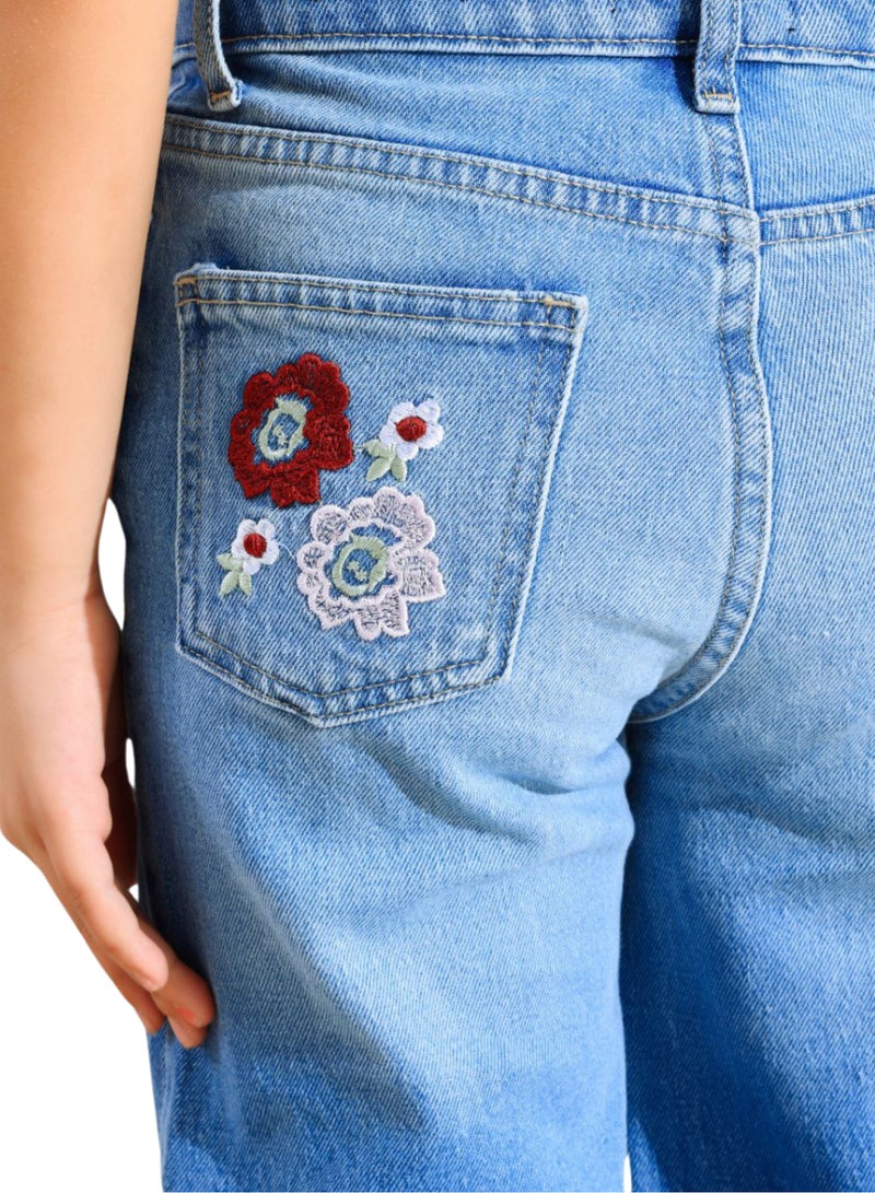 JBS DENIM Girls' light blue embroidered wide leg jeans  - Image 4