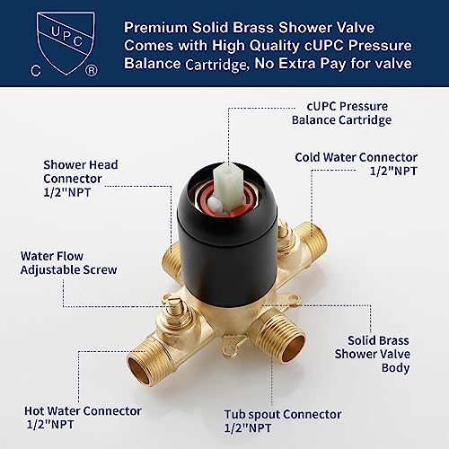 DIFEINI Shower Valve Trim Kit with Tub Spout Matte Black Tub Shower Rough-In Mixer Valve Bathroom Trim Kit - Image 4