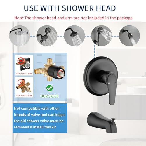 DIFEINI Shower Valve Trim Kit with Tub Spout Matte Black Tub Shower Rough-In Mixer Valve Bathroom Trim Kit - Image 2